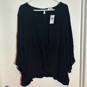 NWT Eyeshadow Black‎ Twist Front Smocked Hem Dolman Sleeve Top Plus Size 3X